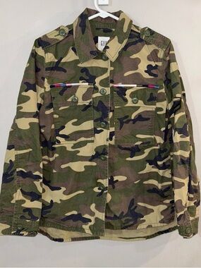 Gap Womens Patch Green Camouflage Print Embroidered Cotton Jacket Oversized XS